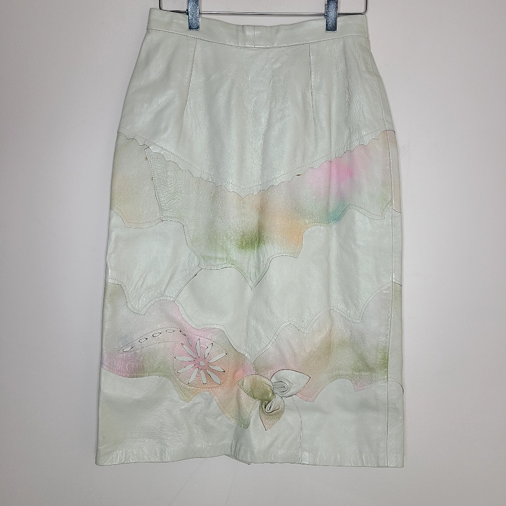 Vtg Shanna Leather‎ Laser Cut Floral Winter White Pastel Pencil Midi Skirt Sz M